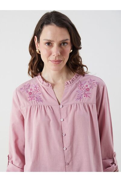 LC Waikiki Lcw Grace Pink Runaway Collar Flower Embroidery Women's Shirt