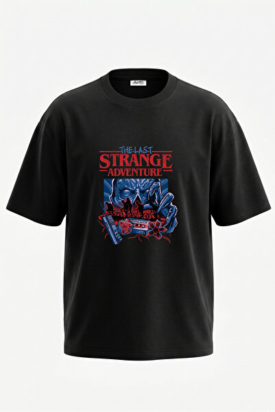 Anetos Stranger Things dizajn, pamučna crna oversize majica sa štampanim leđima