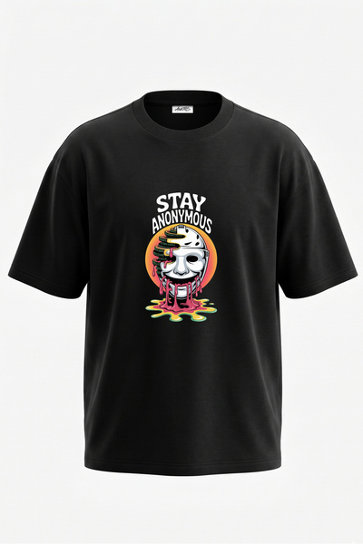 Anetos Tricou oversize negru din bumbac cu imprimeu Anonymous Mask Design pe ...