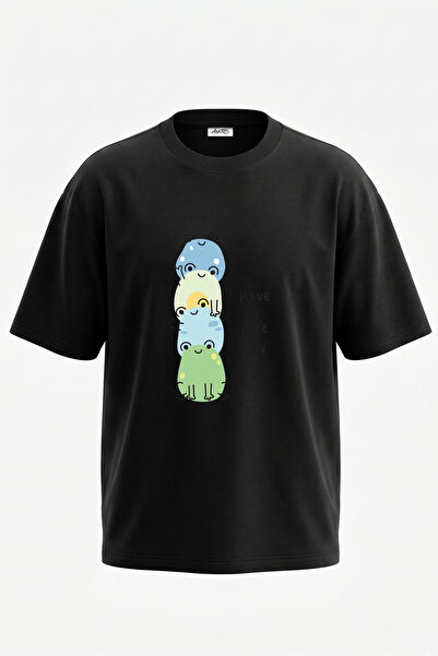 Anetos Tricou oversize negru din bumbac cu imprimeu pe spate cu broaște de de...
