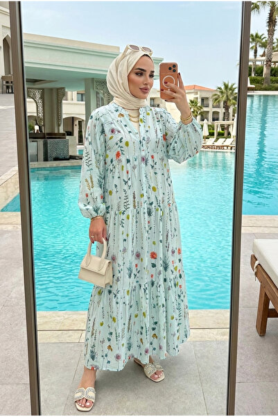 Women's Botanical Pattern Flywheel Long Modest Dress (Unlined)
