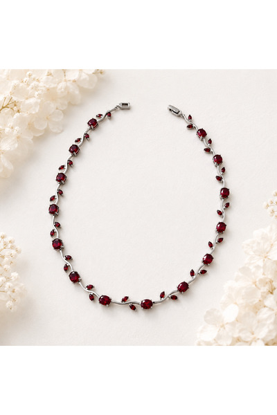 Lilith Takı Luxurious Burgundy Red Stone Women's Necklace – Elegant Twig Leaf...