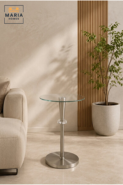 MARIA HOMES Modern Glass Accent Side Table – Round End Table with Brushed Met...