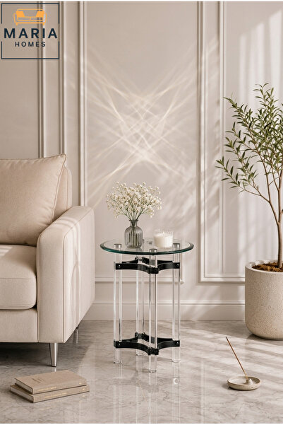 MARIA HOMES Modern Acrylic Side Table with Glass Top – Luxury Round End Table...