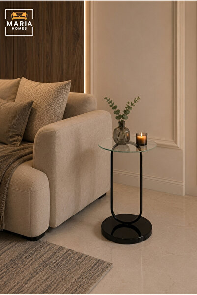 MARIA HOMES Modern Glass Side Table – Round Accent End Table with Black Metal...