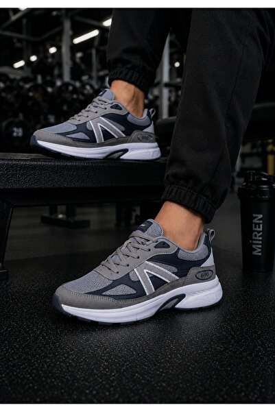 Erkek Gri Lacivert Spor Ayakkabı Kalın Taban Günlük Yürüyüş Sneaker