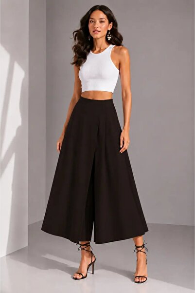 Cool & Sexy Brown Comfortable Fit Pleated Skirt-Looking Trousers