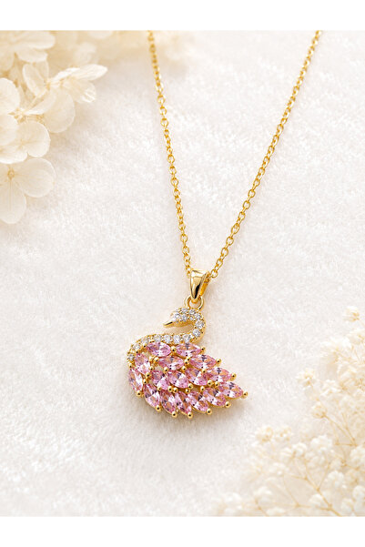 Lilith Takı Pink Stone Swan Figured Gold Color Women's Necklace – Elegant and...