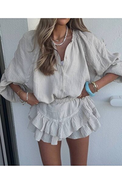 Miss Beyoğlu Kadın Dantel Detaylı Müslin Kumaş Şortlu Tulum
