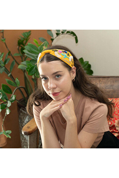 Generica Handcrafted Yellow Floral Pearl & Gold Beaded Embroidered Headband