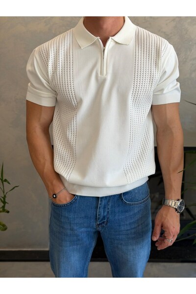 ECARTS Men's Openwork Detailed Regular Fit Zippered Polo Collar Tshirt White ...