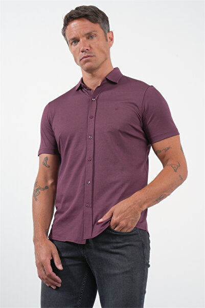 İmza Burgundy Italian Collar Short Sleeve Pocketless Slim Fit Cotton Shirt 10...