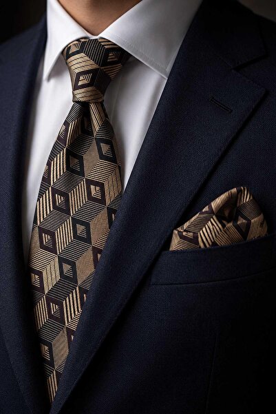 Kravatkolik Gold Brown Motif Pattern Classic Tie with Handkerchief Kk13785