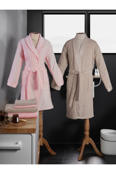 Özdilek Elissa Bathrobe Set Family Set Powder Stone - 6 Pieces