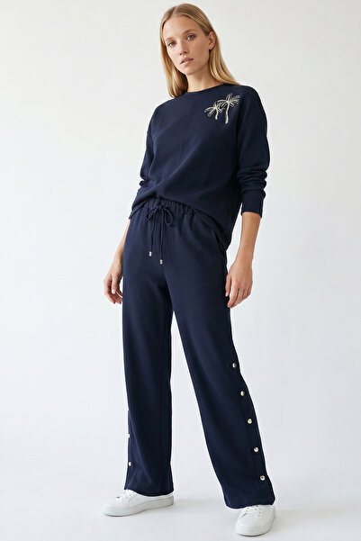 Exquise Wide-Leg Knitted Trousers with Snap Buttons on the Sides and Elastic ...