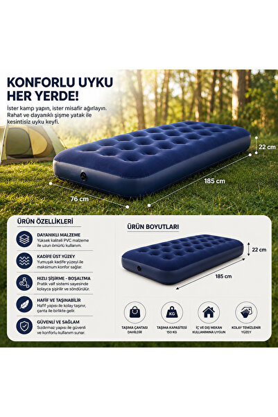 Altınkayaticaret Şişme Tek Kişilik Yatak 185x76x22 cm Kadife Yüzey Kamp ve Ça...