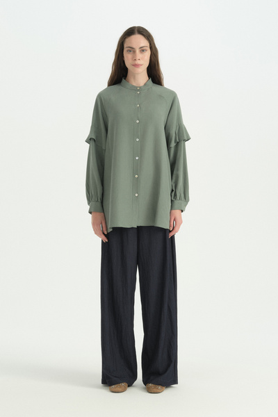 Nihan Lyocell Tunic with Flounce Sleeves - Mold Green