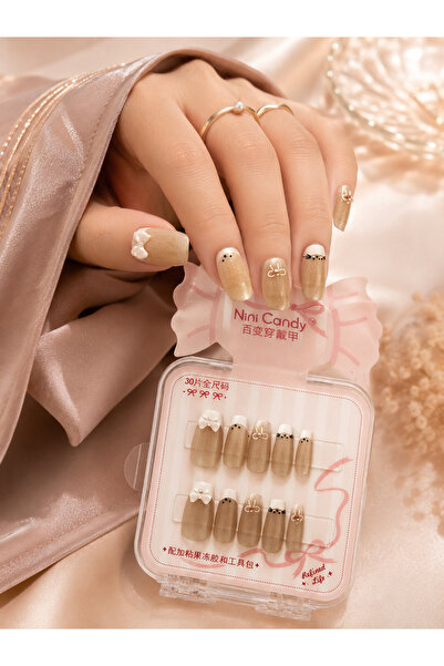 OrientC 30PCS Handmade Press On Nails – Pearl, Bow & Glitter Collection