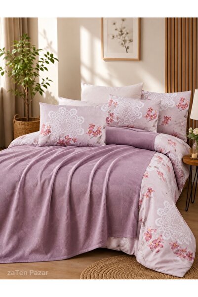 zaTen Pazar Purple Color Double 5-Piece Piqued Duvet Cover Set 100% Cotton Bo...