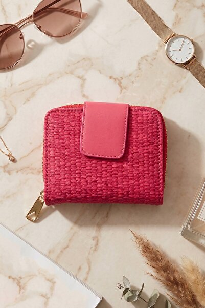 hadiora Women's Fuchsia Straw Patterned Wallet with Card Compartments
