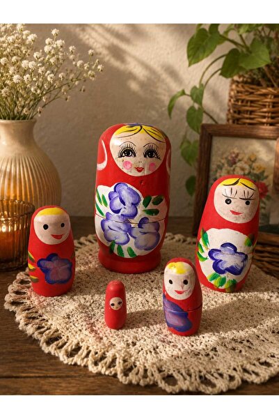 Hureggo vintage Geleneksel El Boyaması Ahşap Matruşka Bebek Seti - 5'li Nosta...