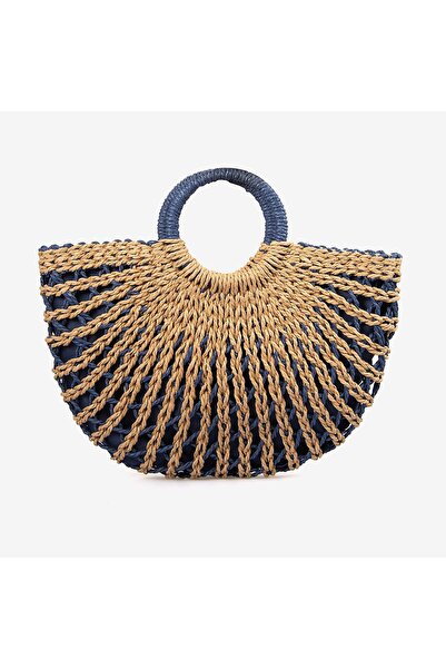 KEMAL TANCA Women's Ring Handle Zippered Navy Blue Half Moon Straw Shoulder B...