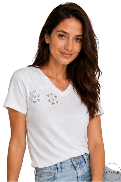 Cassime Women's White 100% Cotton Regular Fit Shoulder Flower Embroidered Knitted T-Shirt