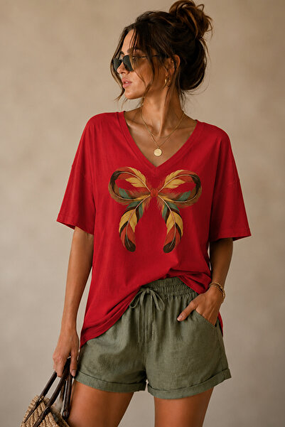 ArtYus Bowknot Printed V-Neck Casual Unisex Oversize T-Shirt Cotton Casual T-...