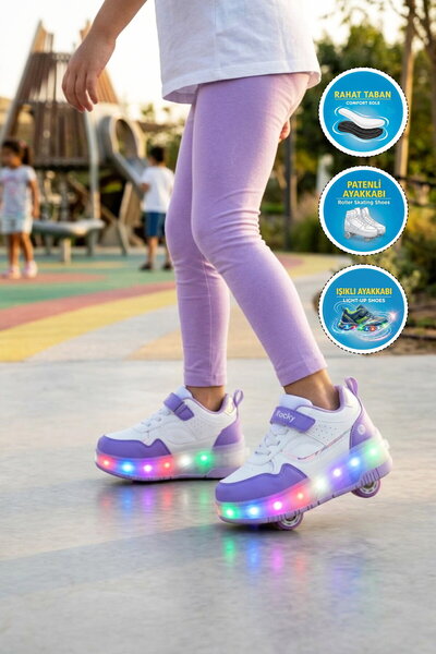 WALKWAY Beyaz-Mor Cırtlı Ortopedik Işıklı Kız Çocuk Patenli Spor Ayakkabı Glow F