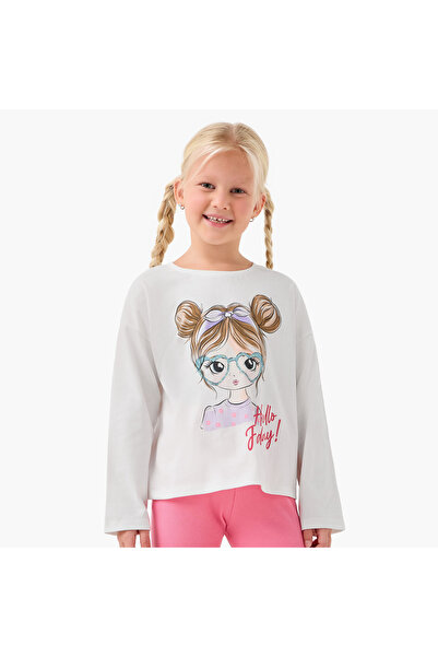 Juniors Girls Crew Neck T-shirt with Graphic Print - Cotton - Long Sleeves