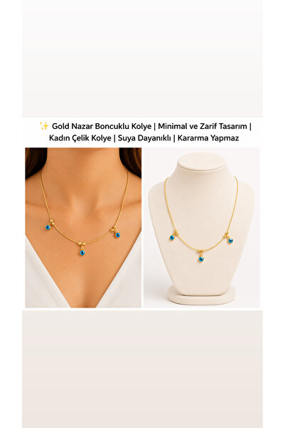 Çelik Aybala’nın Takıları Turkuaz Nazar Boncuklu Gold Detaylı Kolye Minimal B...