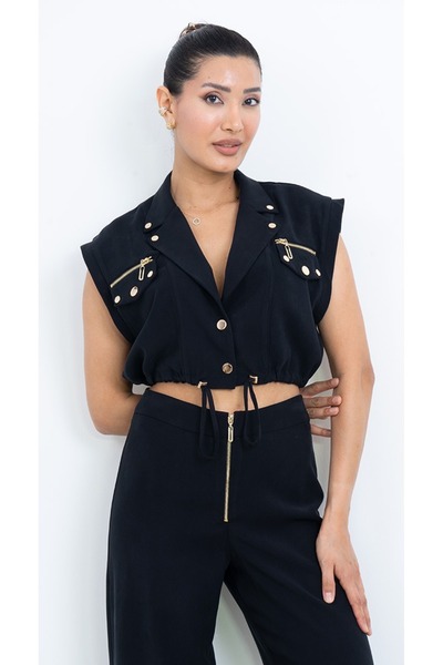 Dorne Moda Özel Seri Fermuar Ve Cep Detaylı Crop Yelek Bluz Ve Bol Paça Panto...