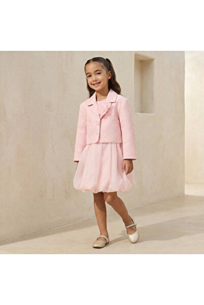Juniors Sleeveless Dress with Floral Textured Collared Blazer