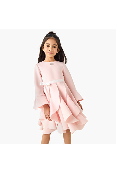 Juniors Round Neck Long Sleeves Knee Length Dress with Ruffles