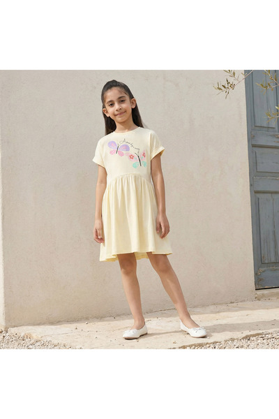 Juniors Round Neck Short Sleeves A-line Dress with Butterfly Print