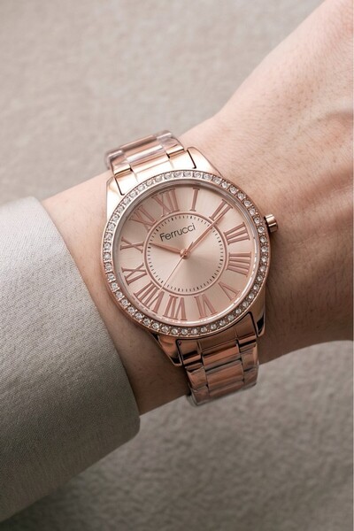 Ferrucci Rose Gold Çelik Bilezik Taşlı Kadın Kol Saati - 35 mm - 2 Yıl Garantili