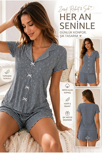 Manolya FineLine Kadın Mini Çiçek Desenli Pijama Takımı - Pamuklu Şortlu Ev G...