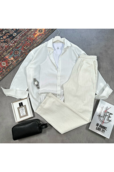 tetramoda Men's Raw Linen Shirt and Pants Set 2-Piece Set