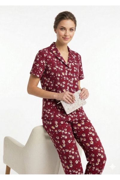 Noom Nightwear Women's Pink Floral Print Pajamas - Comfortable Short Sleeve and Long Pants Sleepwear Set - Stylish Homewear Style 100% Cotton