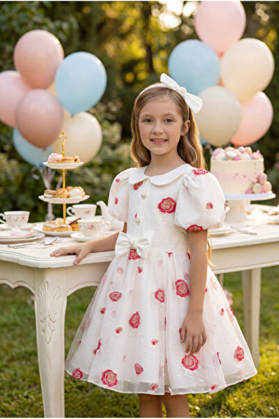 Pamina Girl's Evening Dress Rose Embroidery Organza Watermelon Sleeve Princes...