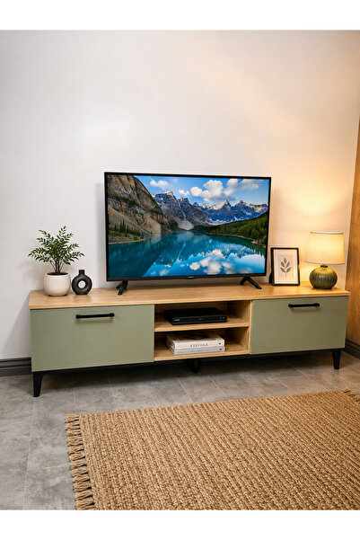 MBK AHŞAP Modern TV Ünitesi 180 cm Başak Meşe - Adaçayı Yeşili Kapaklı Televi...
