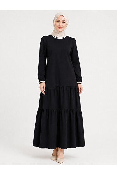 Neon Kadın Siyah Beyaz Şerit Detaylı Tesettür Elbise (S/M/L/XL )