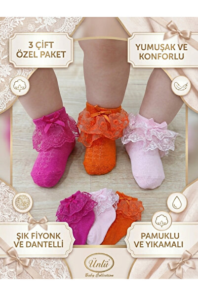 ÜNLÜ ÇORAP BEBEK DANTELLİ ÇORAP 0-6 AY 3 ÇİFT BEYAZ