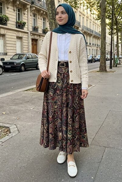 ZEROGAPRİSE Women's Belted Asymmetrical Ethnic Patterned Hijab Skirt