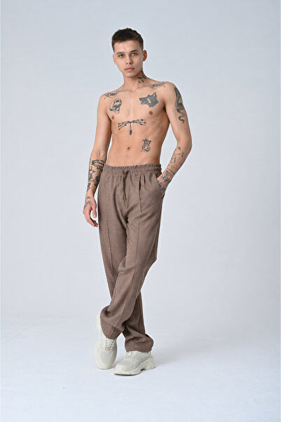 İMVAGO Men's Linen Brown Baggy Pleated Trousers