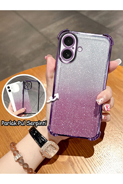 ucuc iPhone 16 Uyumlu Şeffaf Dört Köşe Silikon Kaplama Parlak Kenar Kılıf