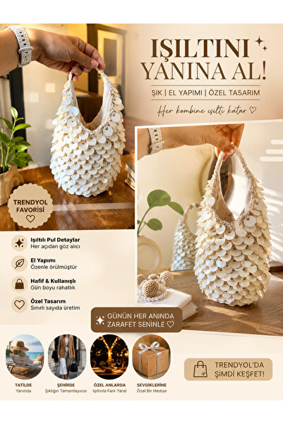 design bk Favori mango küçük boy el çantası pullu krem
