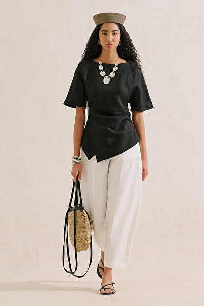 Manuka Linen Asymmetric Blouse Black