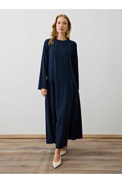 Refka Linen Hijab Dress with Stitching Detail and Pockets - Navy Blue -