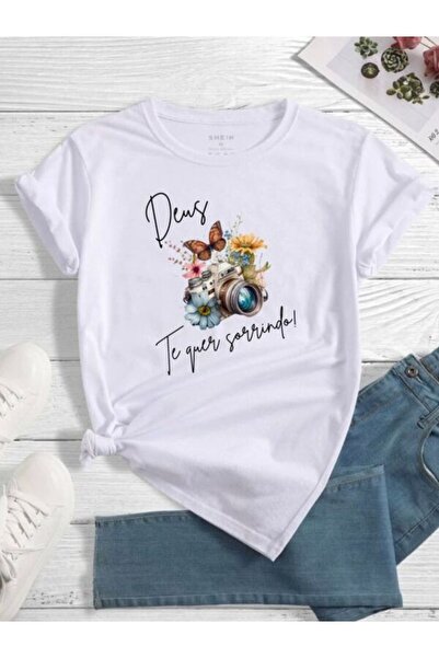 COZYWEAR تي شيرت أبيض مطبوع عليه زهور وكاميرا